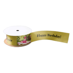 Happy Birthday Custom Photo and name Gold & Black  Satin Ribbon