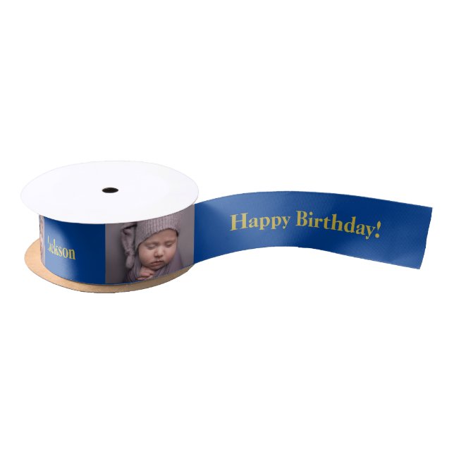 Happy Birthday Custom Photo and name Gold & Blue Satin Ribbon (Spool)