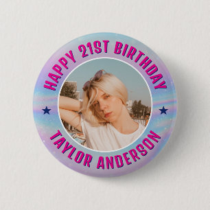 Happy Birthday Custom Photo Iridescent Rainbow  6 Cm Round Badge