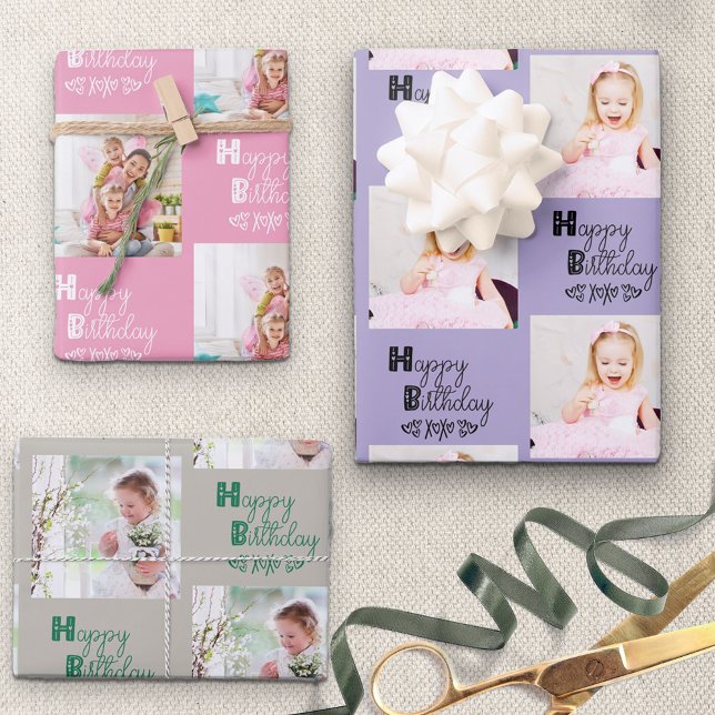 Happy Birthday Custom Photo Pink Lavender Set of 3 Wrapping Paper Sheet (Creator Uploaded)