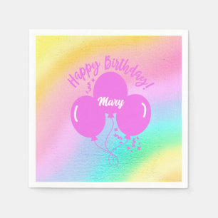 Happy Birthday Custom Rainbow Hot Pink Balloons Napkin