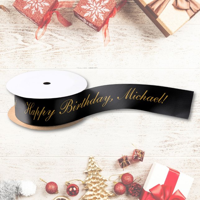 Happy Birthday Custom Text Black Chic Satin Ribbon (Creator Uploaded)