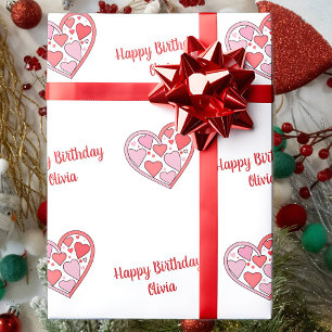 Happy Birthday Custom Text Cheerful Pink Hearts Wrapping Paper