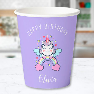 Happy Birthday Custom Text Cute Rainbow Unicorn Paper Cups