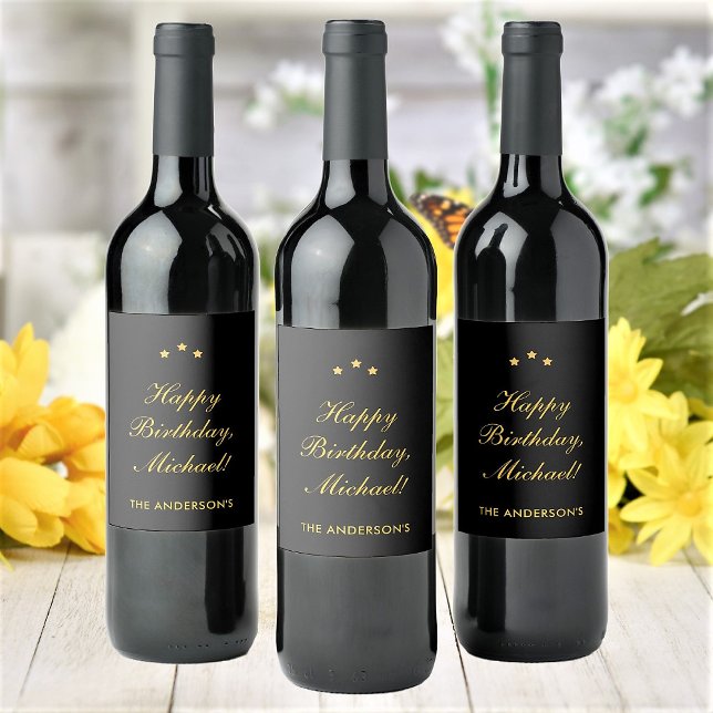 Happy Birthday Custom Text Elegant Black Wine Label (Creator Uploaded)
