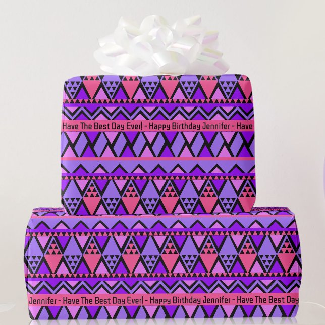 Happy Birthday Custom Text & Name Pink Purple Wrapping Paper (Creator Uploaded)