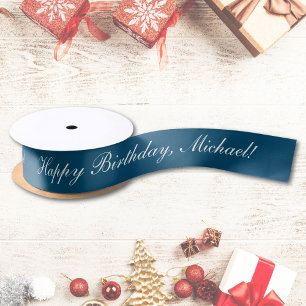 Happy Birthday Custom Text Ocean Blue Chic Satin Ribbon