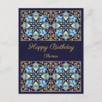 Happy Birthday customisable blue Azulejos , Postc