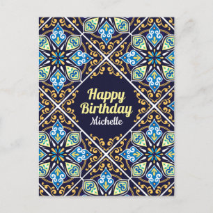 Happy Birthday customisable blue Azulejos  Postcard