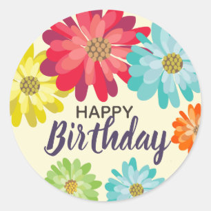 Happy Birthday customise name spring flowers Classic Round Sticker