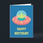 Happy Birthday, Cute Alien in Spacecraft Card<br><div class="desc">Wish a happy birthday to the kid with this cute greeting card that has a cute, happy and friendly green alien with a heart shaped antennae that comes in peace and is out to make friends. It is travelling in a tiny spaceship across the galaxy. Great for kids who love...</div>