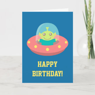 Happy Birthday, Cute Alien in Spacecraft Card