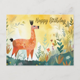 Happy Birthday Cute Alpaca and Abstract Nature Postcard