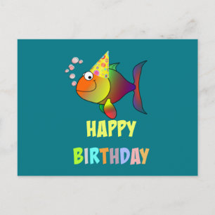 Happy birthday, cute and colourful cartoon fish postcard