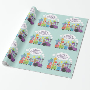 Happy Birthday Cute Animal Train Wrapping Paper