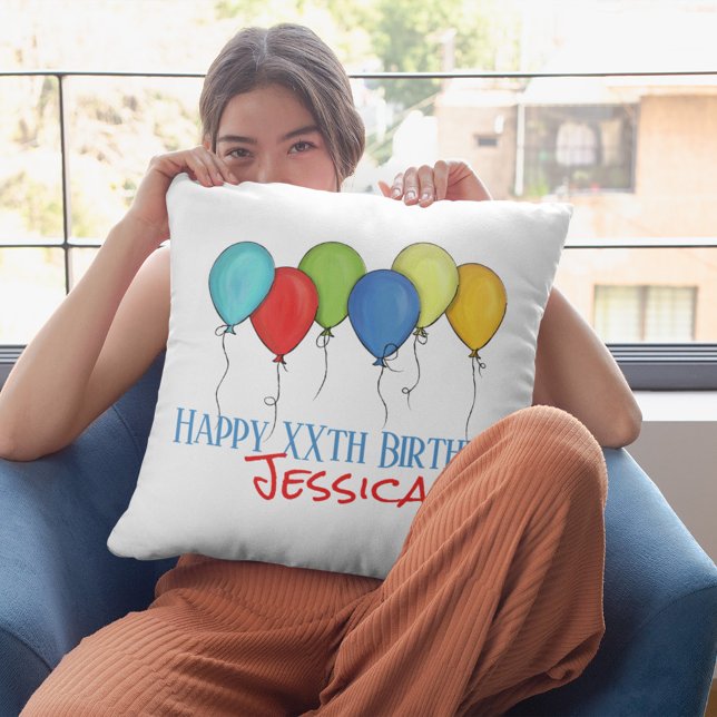 Happy Birthday Cute Balloons Custom Cushion (Colorful whimsical birthday balloons custom pillow.)