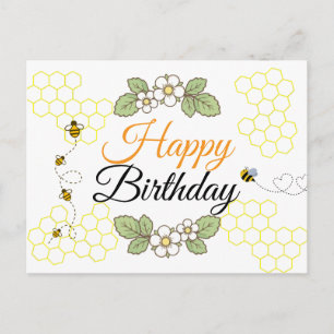 Happy birthday Cute bee Botanical  Holiday Postcard