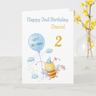 Happy Birthday Cute Bee with Balloon Blue Greeting Card
