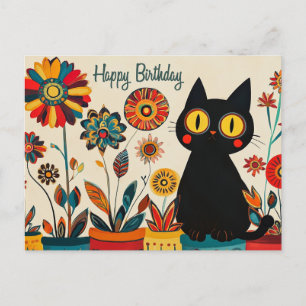 Happy Birthday Cute Black Cat with Flowers Postcard