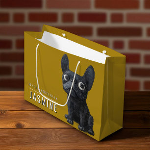 Happy Birthday Cute Black Frenchie Mustard Yellow  Large Gift Bag