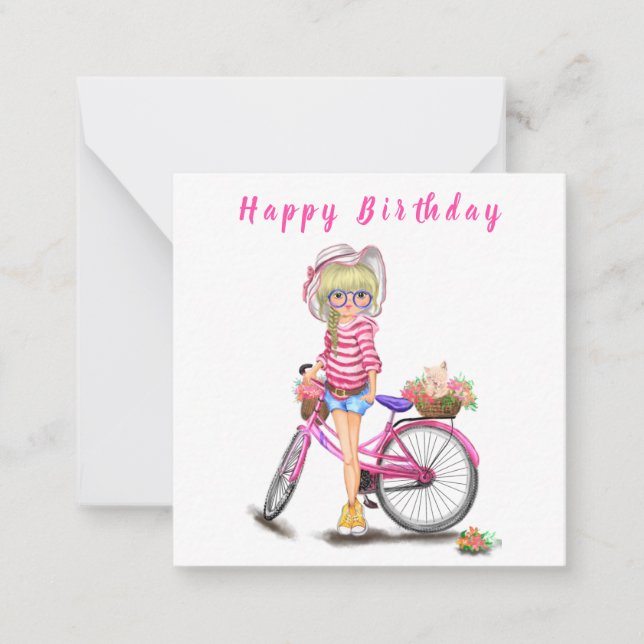 Happy Birthday - Cute Blonde Girl with Pink Bike Card (Front)