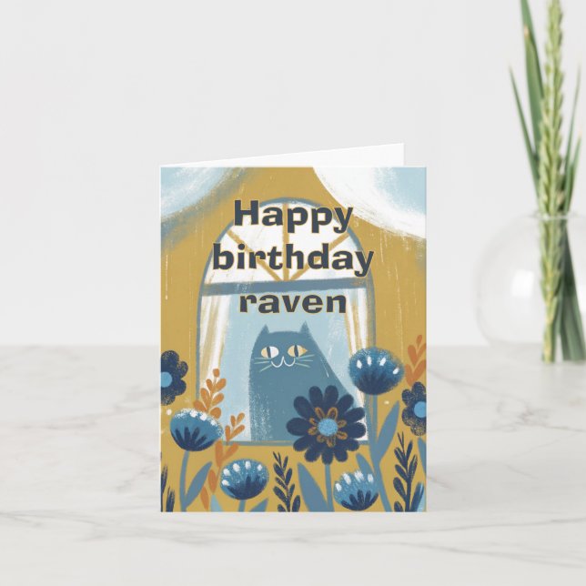 Happy birthday cute blue cat foldet card (Front)