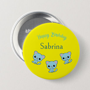 Happy birthday cute bouncy blue kittens yellow 7.5 cm round badge