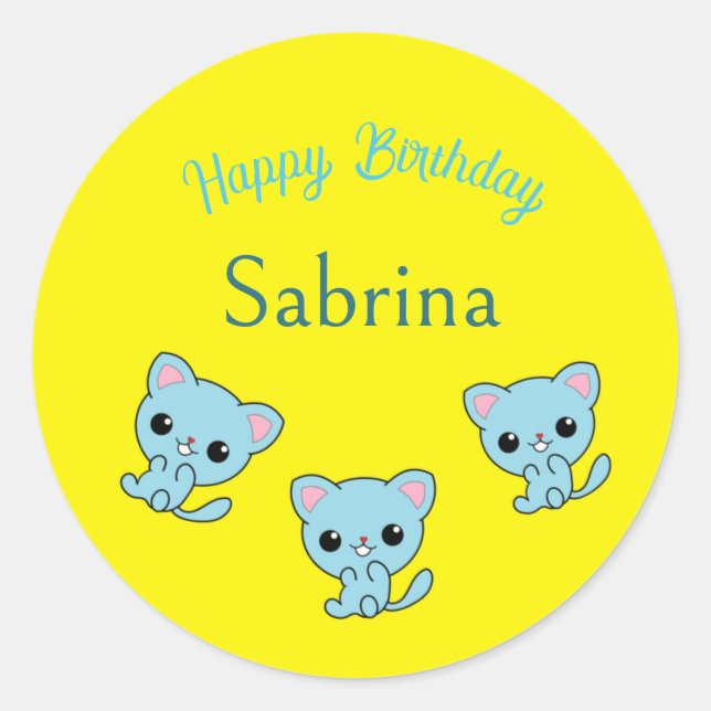 Happy birthday cute bouncy blue kittens yellow classic round sticker (Front)