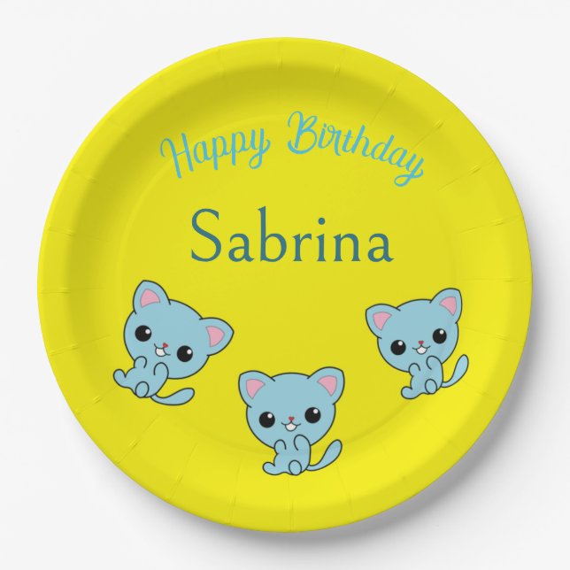 Happy birthday cute bouncy blue kittens yellow paper plate (Front)