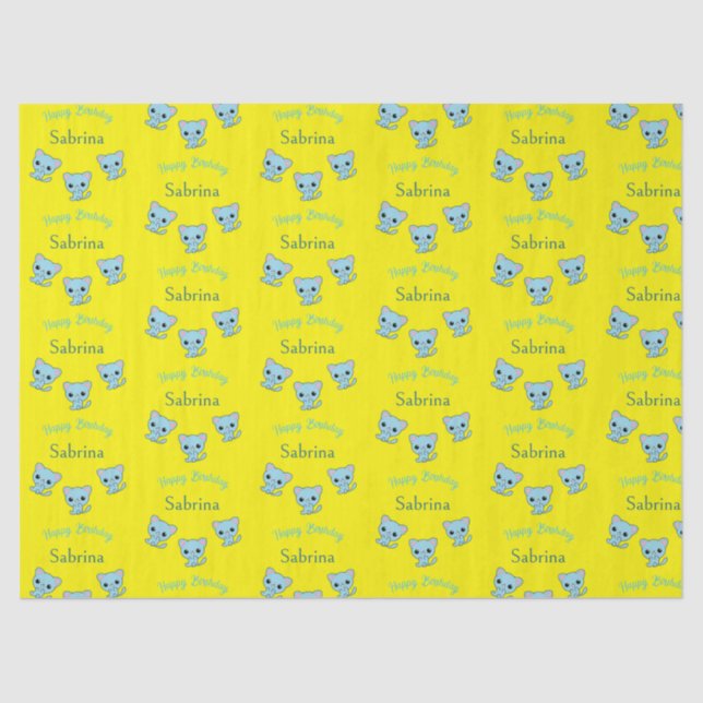 Happy birthday cute bouncy blue kittens yellow tissue paper (Front)