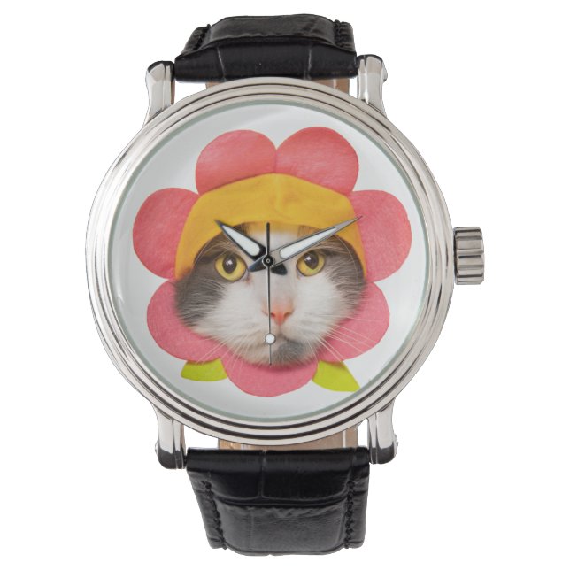 Happy Birthday Cute Cat in Flower Hat  Watch (Front)