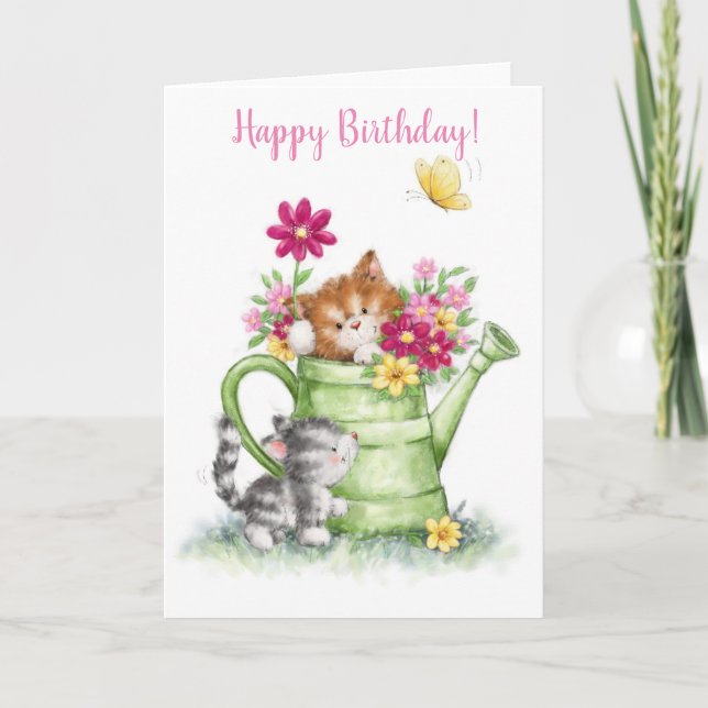 Happy Birthday, cute cats with water can Card (Front)