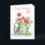 Happy Birthday, cute cats with water can Card<br><div class="desc">Two cute cats around a water can with flowers,  Happy Birthday.</div>