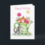 Happy Birthday, cute cats with water can Card<br><div class="desc">Two cute cats around a water can with flowers,  Happy Birthday.</div>