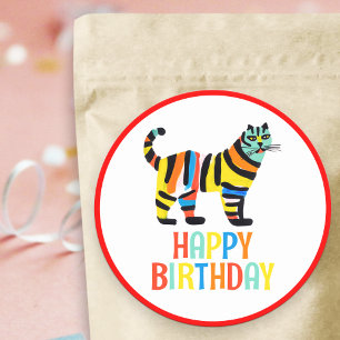 Happy Birthday Cute Colourful Tiger Cat Classic Round Sticker