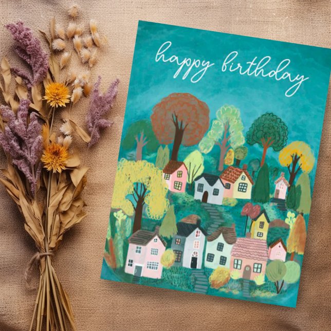 HAPPY BIRTHDAY Cute Country Village Illustration Postcard (Cute custom happy birthday postcard with charming village artwork)