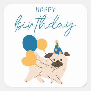 Happy Birthday Cute Dog & Balloons Simple Birthday Square Sticker