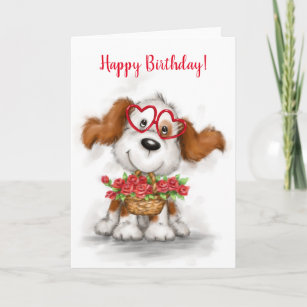 Happy Birthday, Cute dog Holding Flower Basket Card