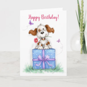 Happy Birthday, Cute Dog on gift package Card