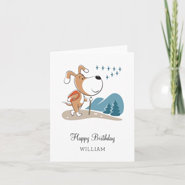 Happy Birthday Cute Dog Puppy Hiking Woodland Card (Front)