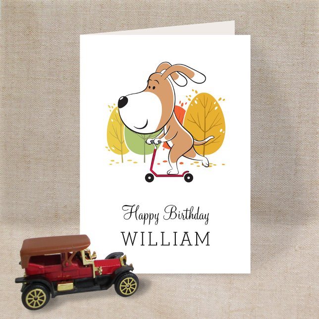 Happy Birthday Cute Dog Puppy Kick Scooter Card (Creator Uploaded)