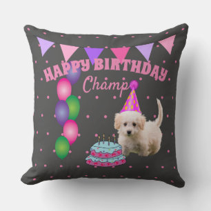 Happy Birthday  cute dog  with cake polka dots Cushion