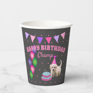 Happy Birthday  cute dog  with cake polka dots Paper Cups