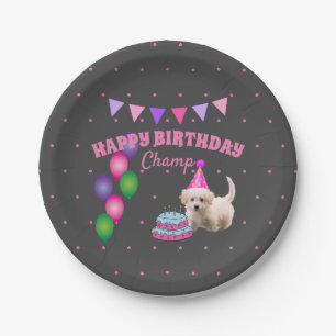 Happy Birthday cute dog with cake polka dots Paper Plate