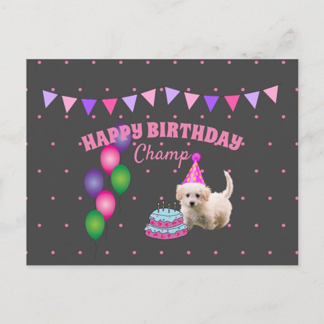 Happy Birthday  cute dog  with cake polka dots  Postcard (Front)