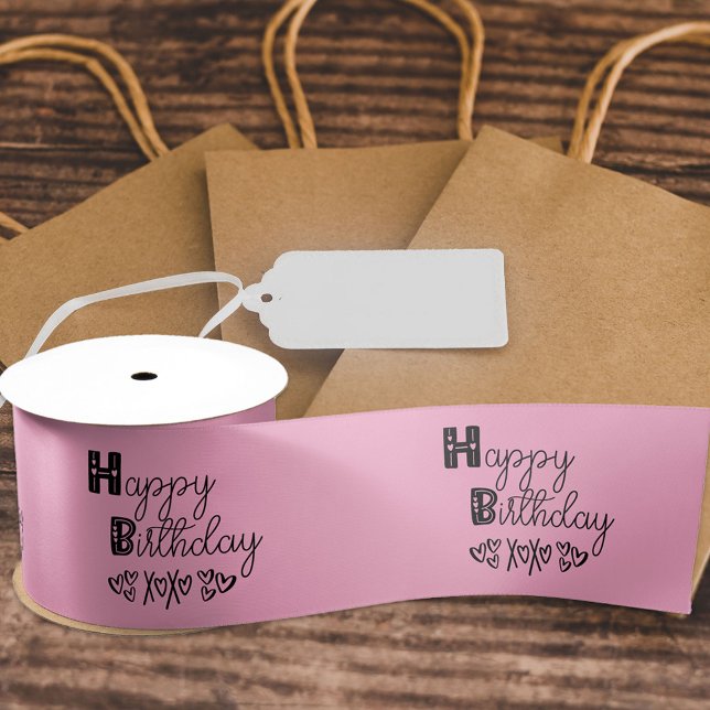 Happy Birthday Cute Doodle Typography Pink Satin Ribbon (Creator Uploaded)
