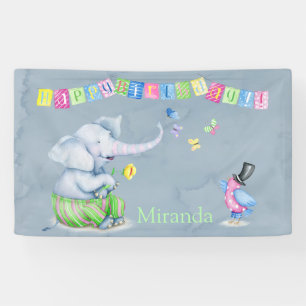 Happy Birthday Cute Elephant Bird Butterfly Kids Banner