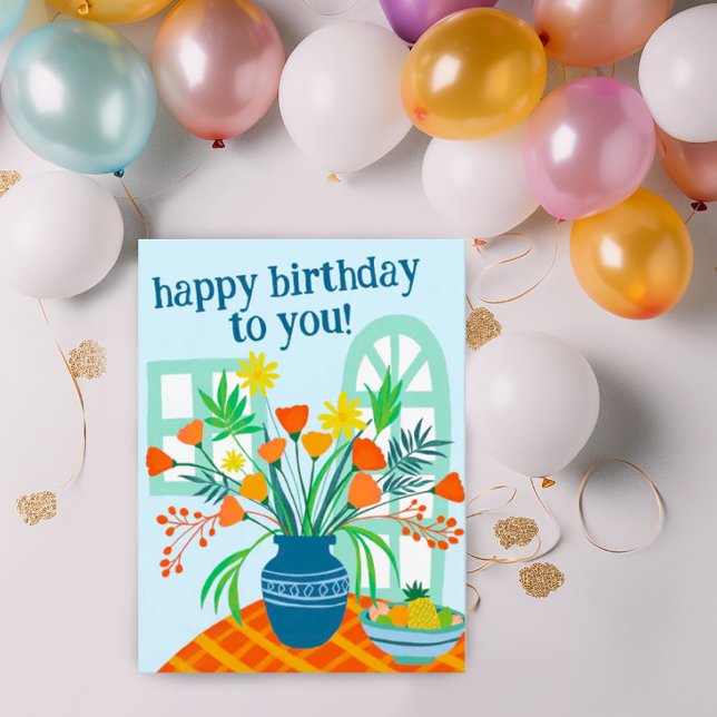 HAPPY BIRTHDAY Cute Floral Bouquet Custom Colourfu Postcard (Sweet happy birthday postcard with drawing of a vase full of flowers. Add your own text to customize)