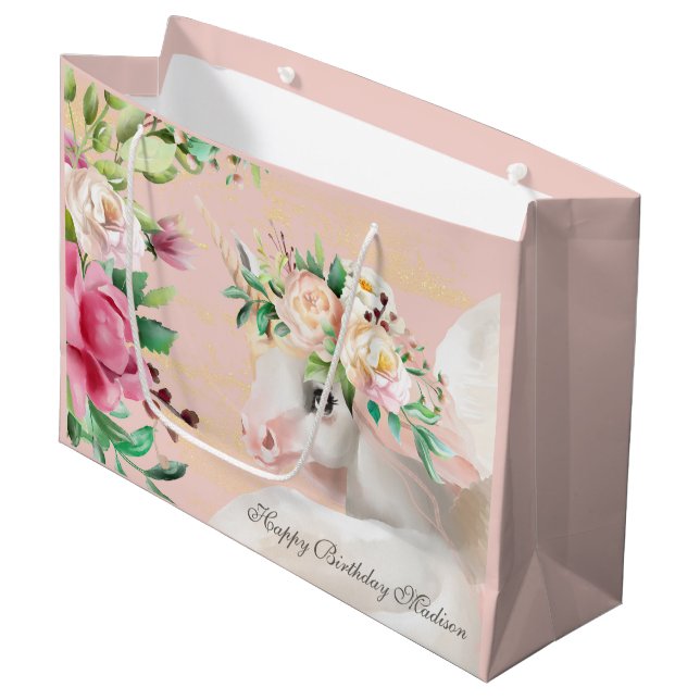 Happy Birthday Cute Floral Unicorn Personalised Large Gift Bag (Front Angled)
