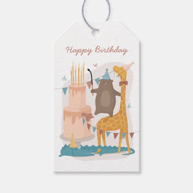 Happy birthday. Cute funny animals: bear giraffe Gift Tags (Front)